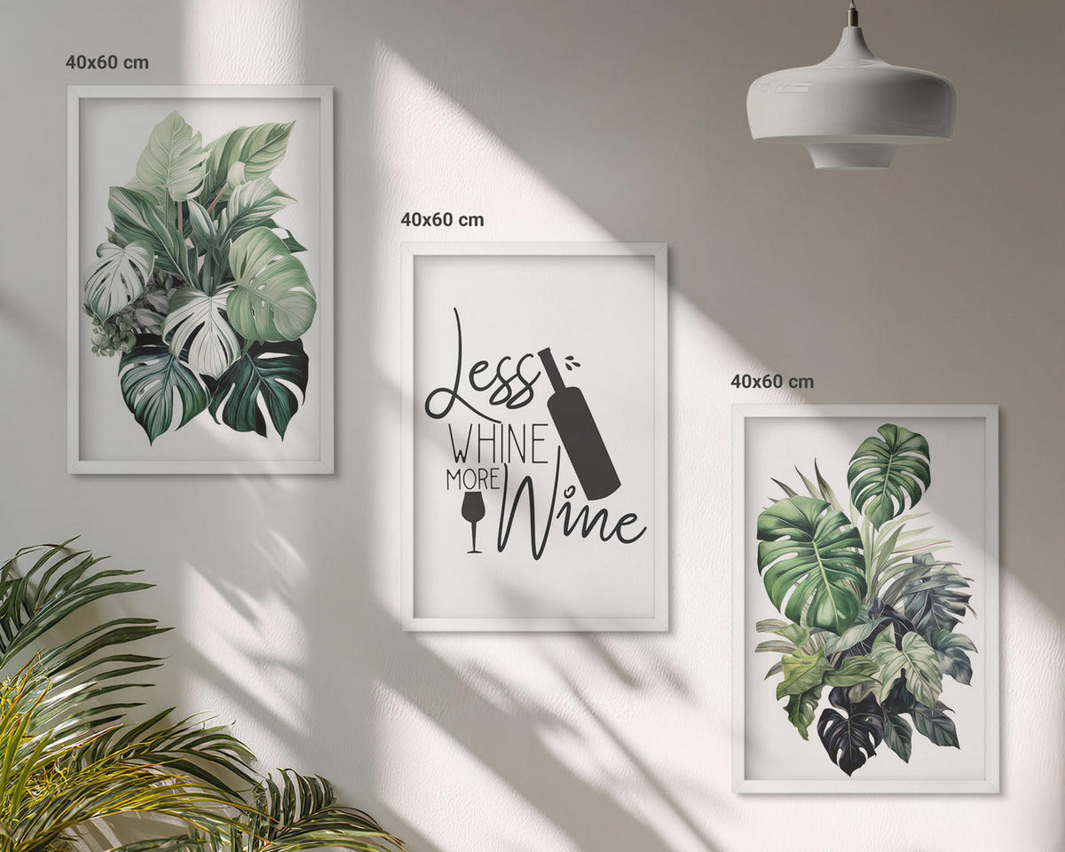 BILDER SET 3er Set - 40x60 cm Weißer Rahmen - Blätter der weinroten grünen Pflanze - Weiß, Kunststoff (40/60cm) - TULUP