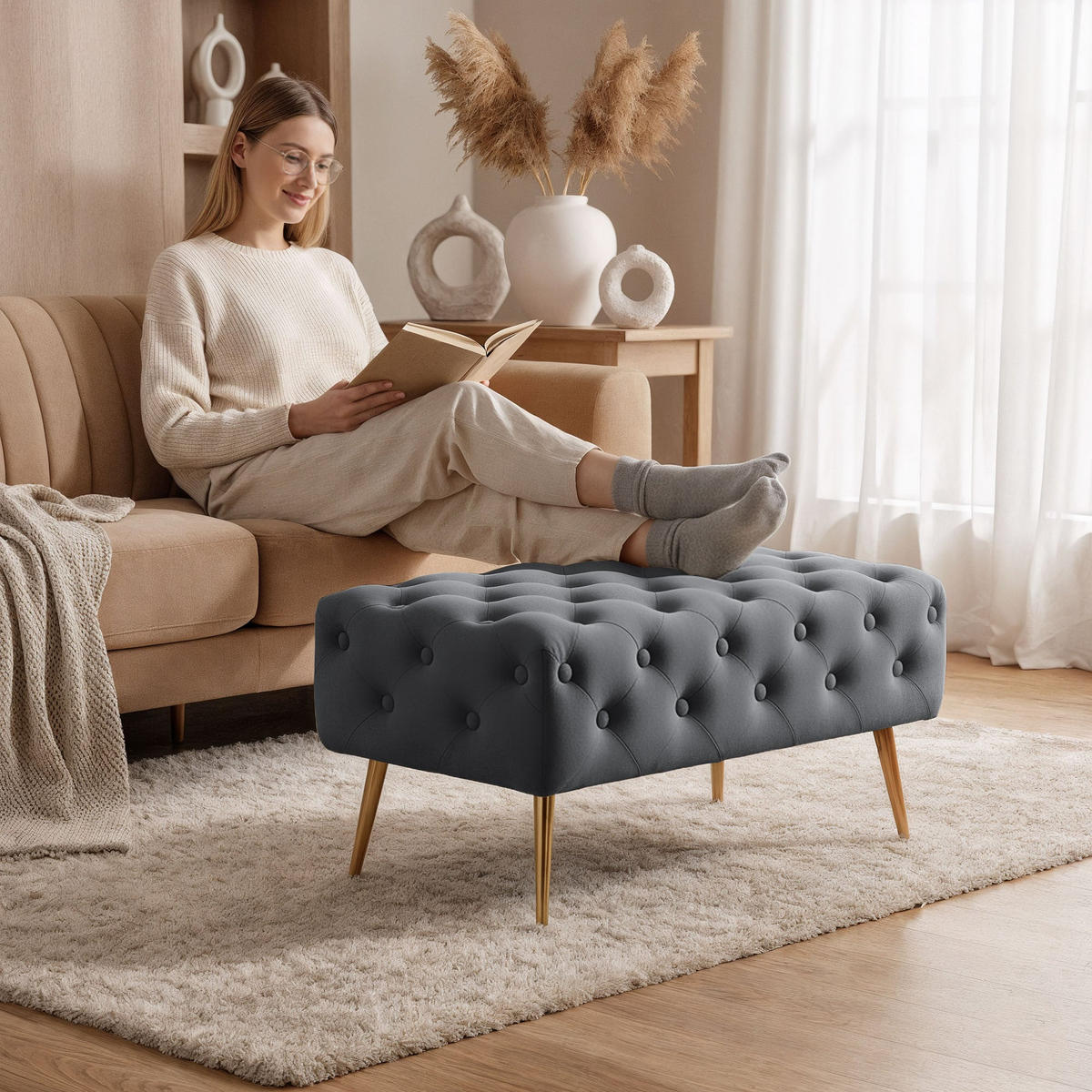 SITZHOCKER MADRID, Grau, T80xB37xH42 - Grau, Holz (37/42/80cm) - Milordbikes