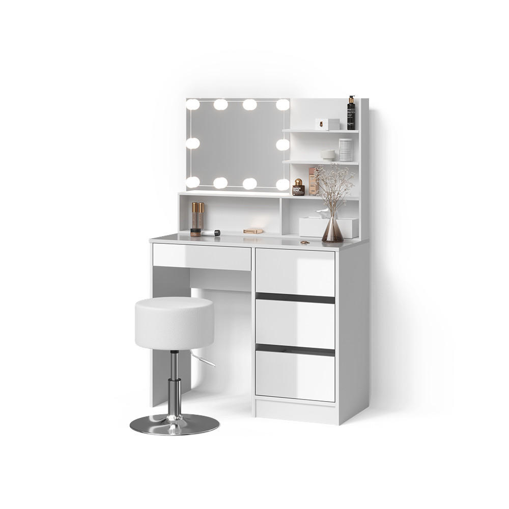 SCHMINKTISCH Imola Weiß mit LED Beleuchtung, Hocker und Spiegelregal - Weiß, Holzwerkstoff (140/75/40cm) - Livinity®