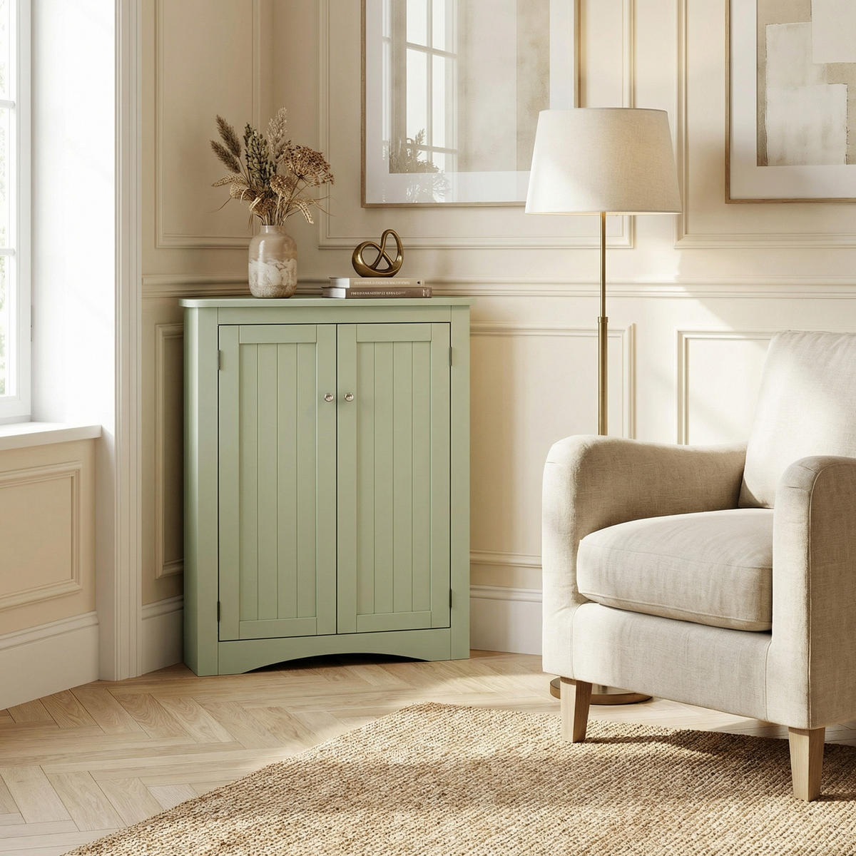 HÖRNSKÅP I Grönt 90 cm med 2 Dörrar & 3 Hyllplan - Mintgrön, Träbaserade material (61/90/34cm) - Urban Meuble