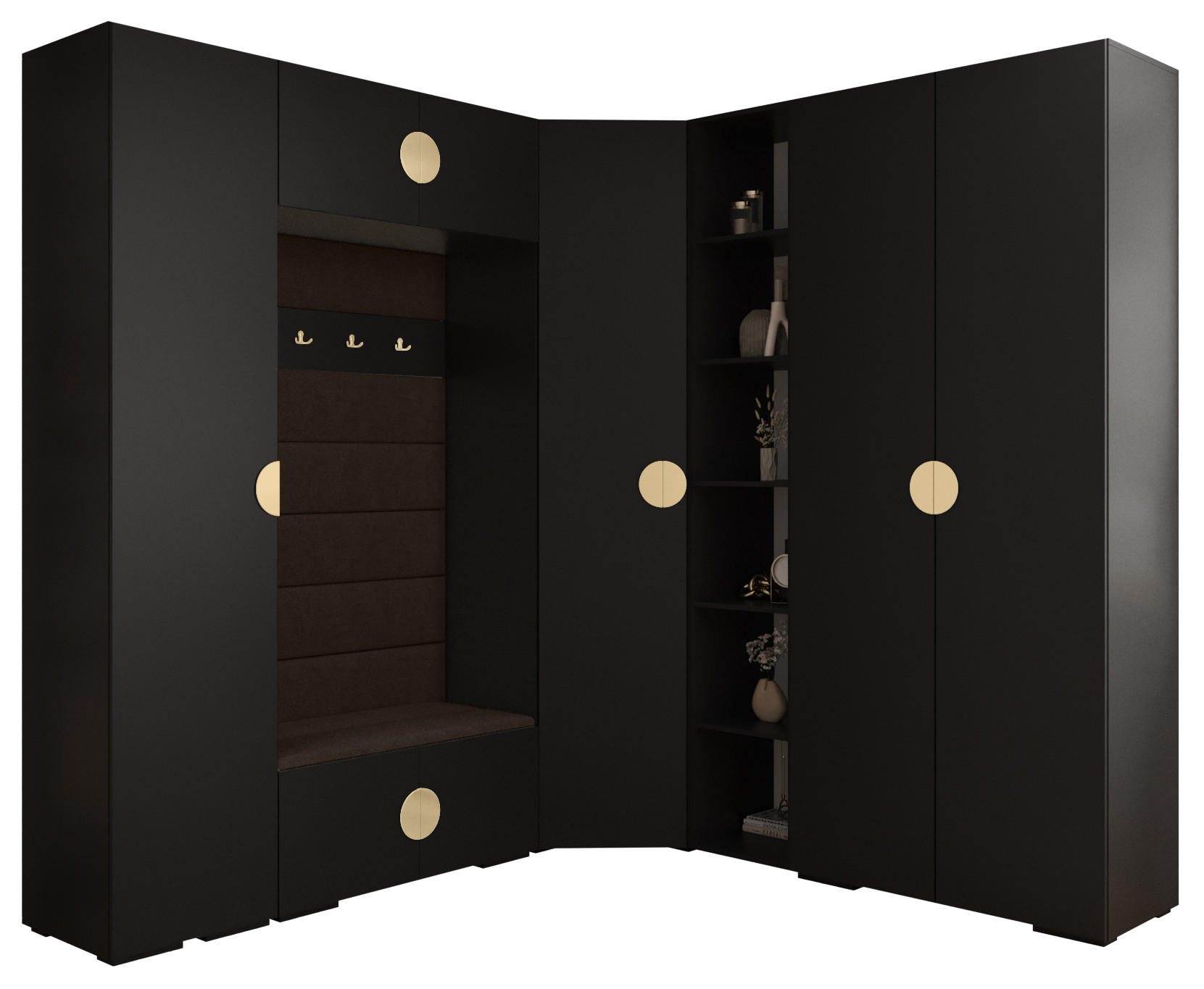 Abiks Möbel Garderoben-Set Schwarz, Dunkelbraun, Gold 231.7x236.7x47 cm