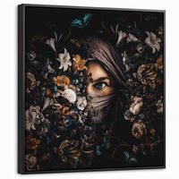 LEINWAND Bilder mit Rahmen - Frau - Luxus - Blumen - Schmetterling - Porträt - 50x50 - Schwarz, Textil (50/50cm) - MuchoWow