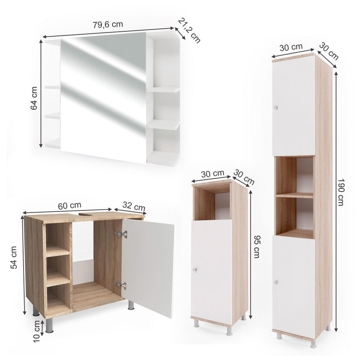 BADMÖBEL-SET Fynn Sonoma/Weiß 4 Teile - Weiß/Sonoma Eiche, Holzwerkstoff (60/54/32cm) - Vicco