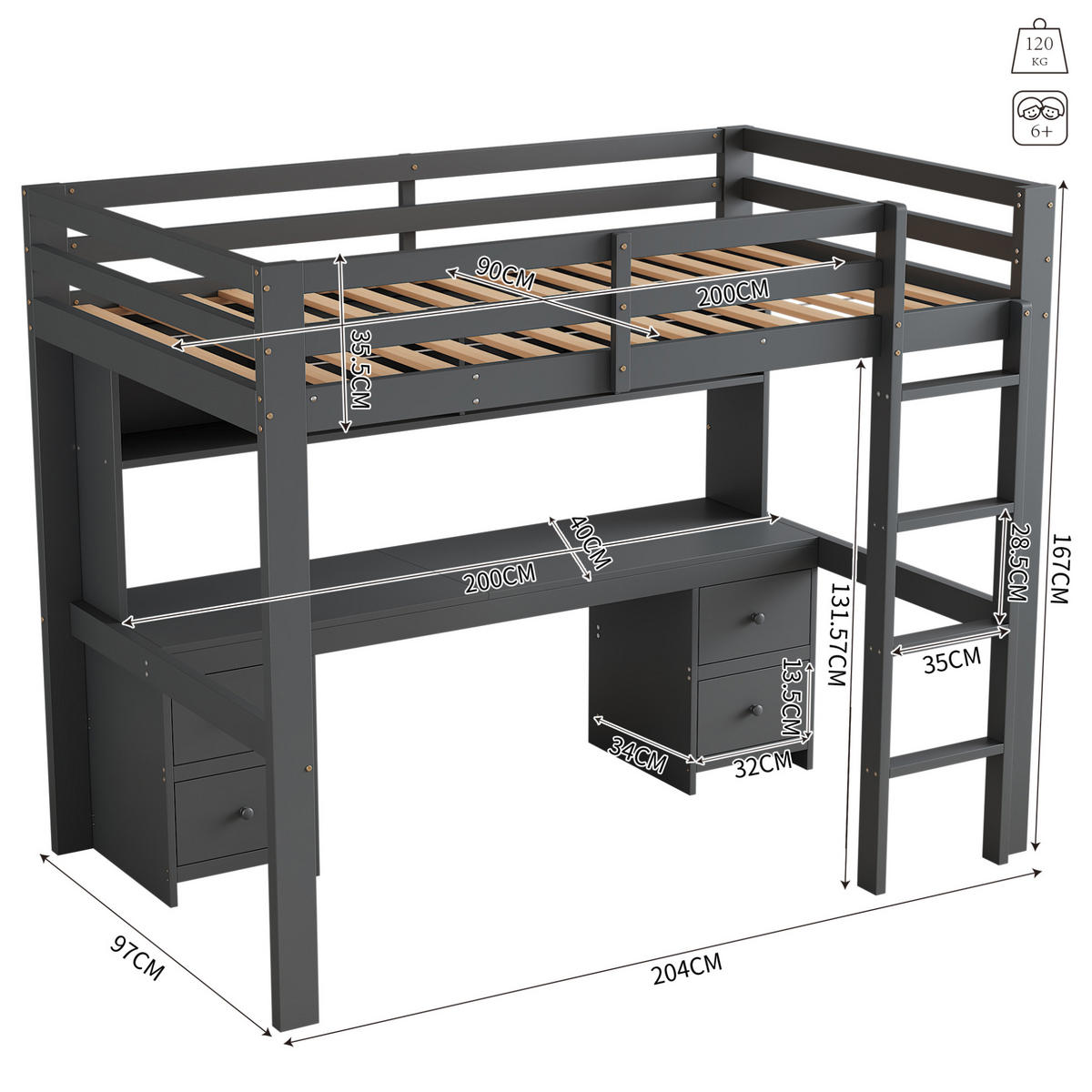 HOCHBETT aus Kiefernholz/MDF 90x200 cm in Grau mit Schreibtisch & Stauraum - Grau, Holz (90/200cm) - Modfu