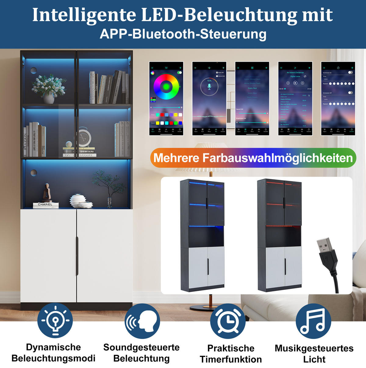 VITRÍNA 160/30/200 cm s LED osvětlením, skleněnými dvířky a úložným prostorem z dřevotřísky, Bílá/Černá - bílá, kompozitní dřevo (30/200/160cm) - Redom