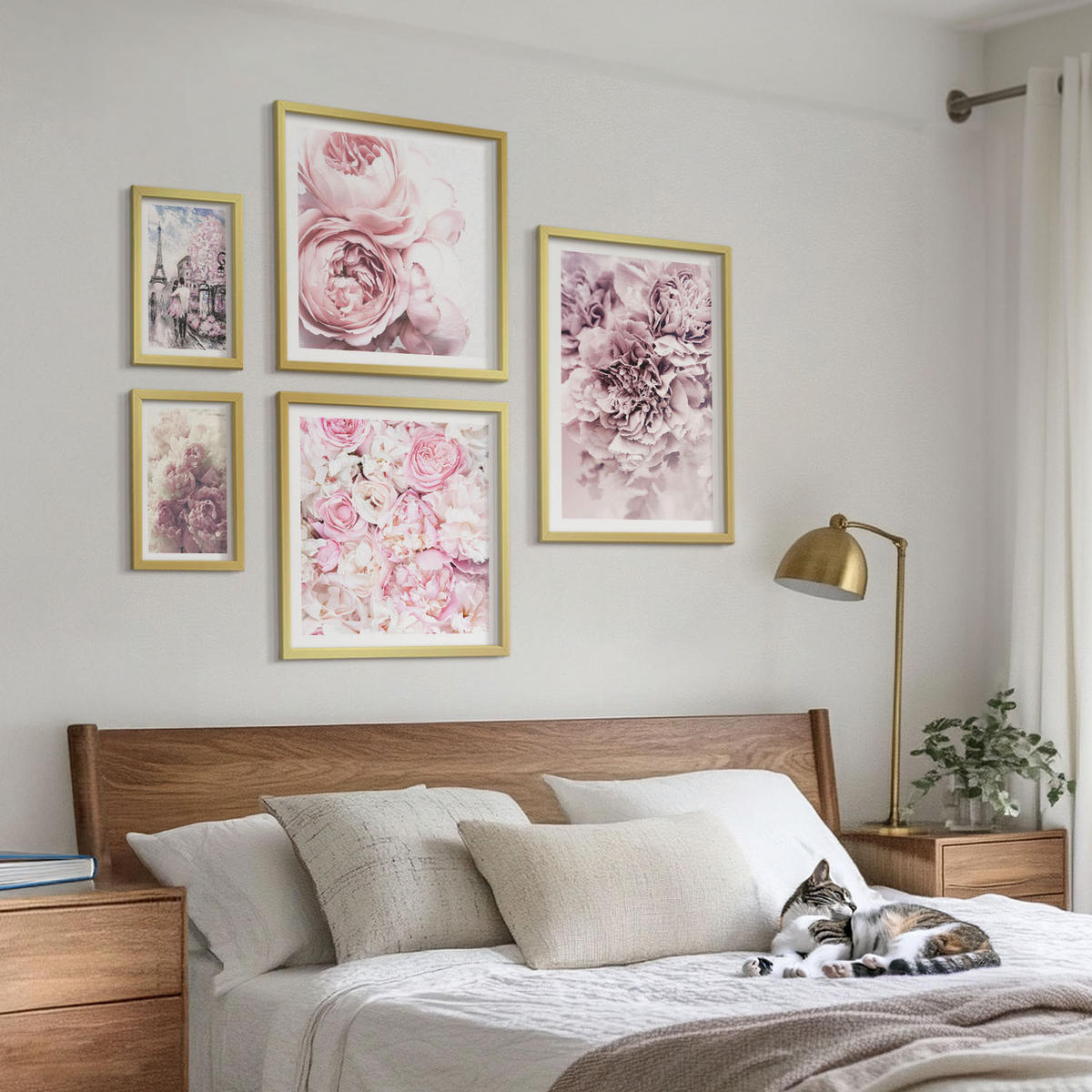 WANDBILDER 5er Set - 50x50 cm & 20x30 cm & 40x60 cm Goldrahmen - Rosa Blumen, romantische Landschaft - Goldfarben, Kunststoff (40/60cm) - ArtPrintCave
