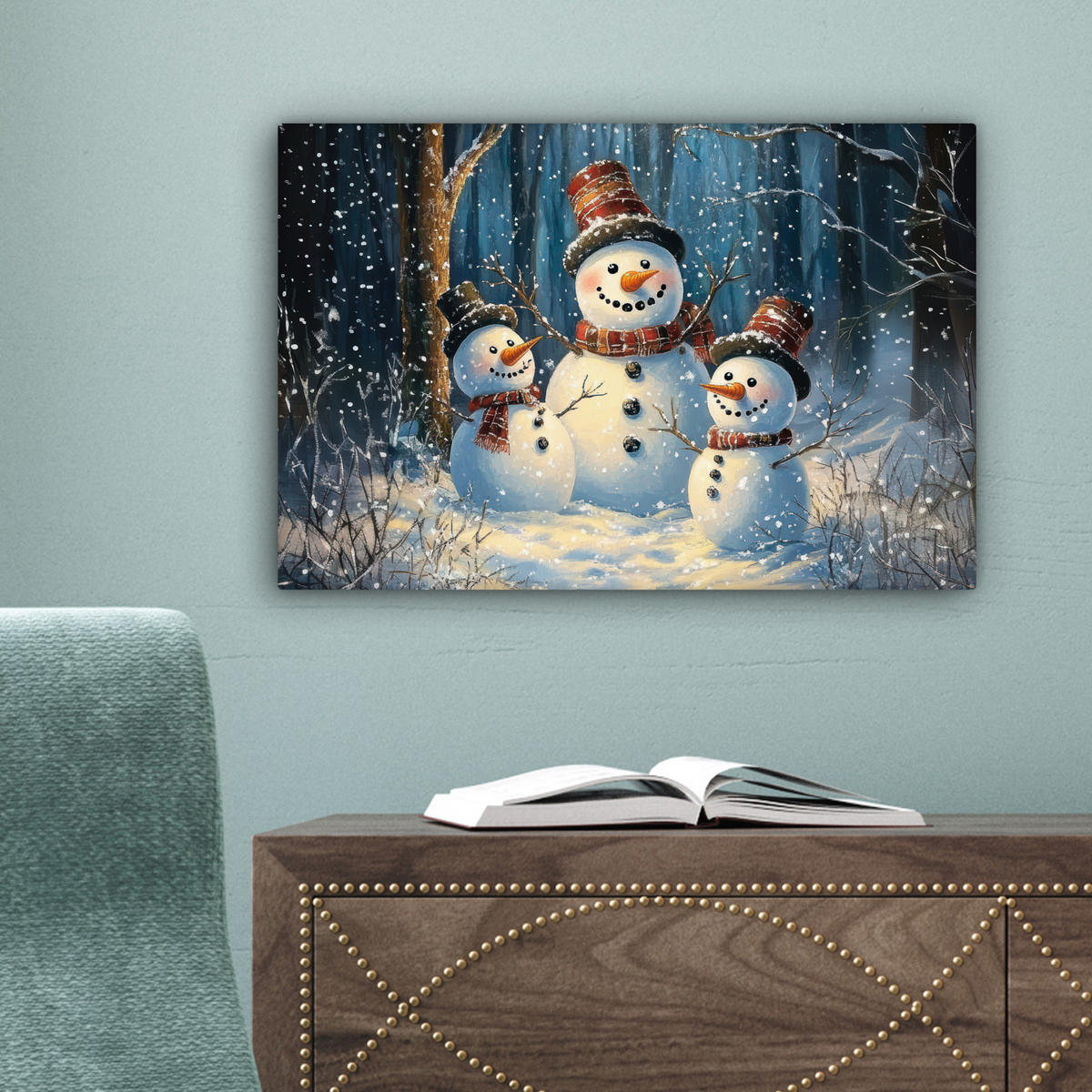 LEINWANDBILD Schneemann - Schnee - Winter - Wald Deko Schlafzimmer 30x20 cm - Hellblau, Textil (30/20cm) - MuchoWow