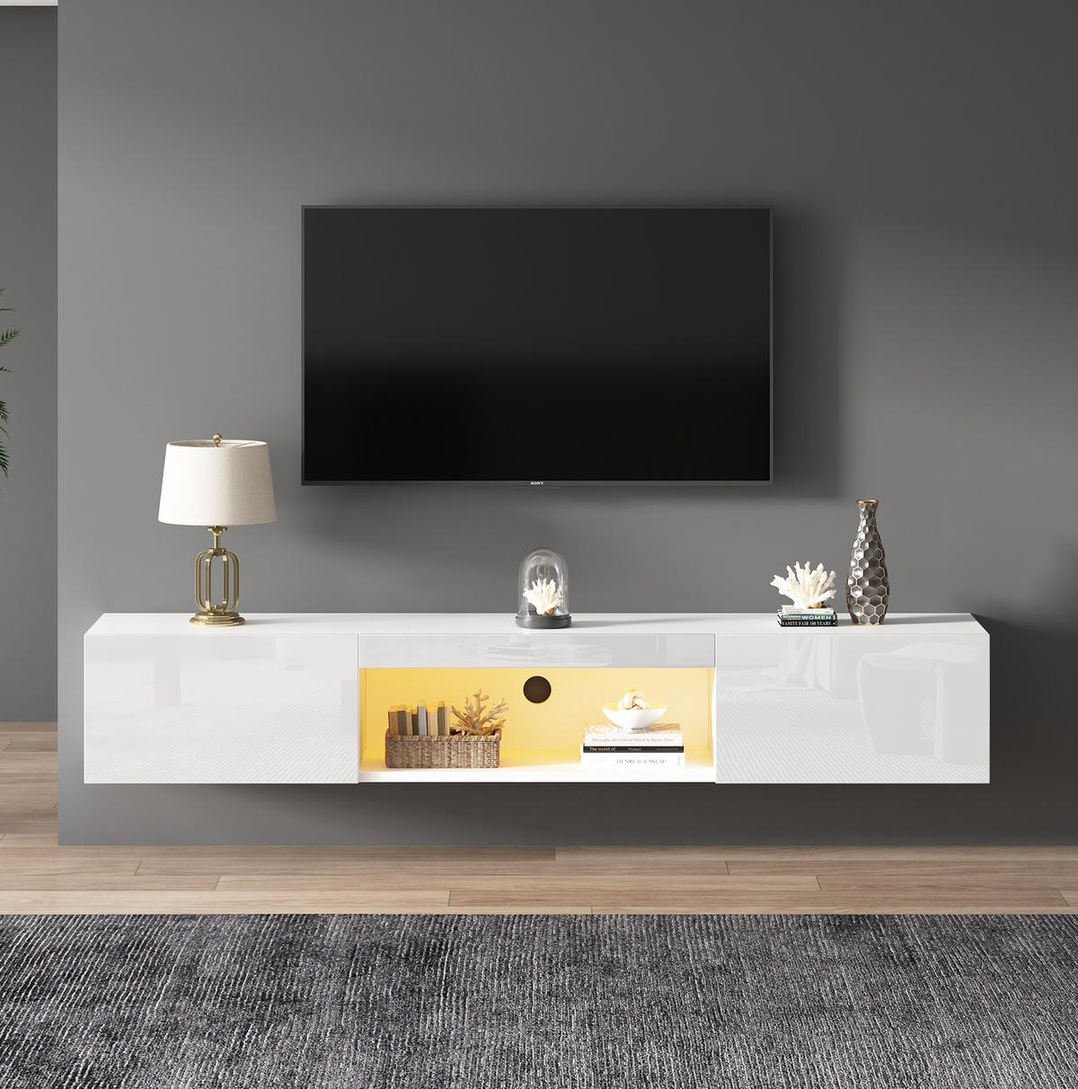 STENSKA TV omarica 160/31/22 cm z LED osvetlitvijo, upravljanjem prek Bluetootha in visokim sijajem, Bela - bela, leseni material (160/22/31cm) - Redom
