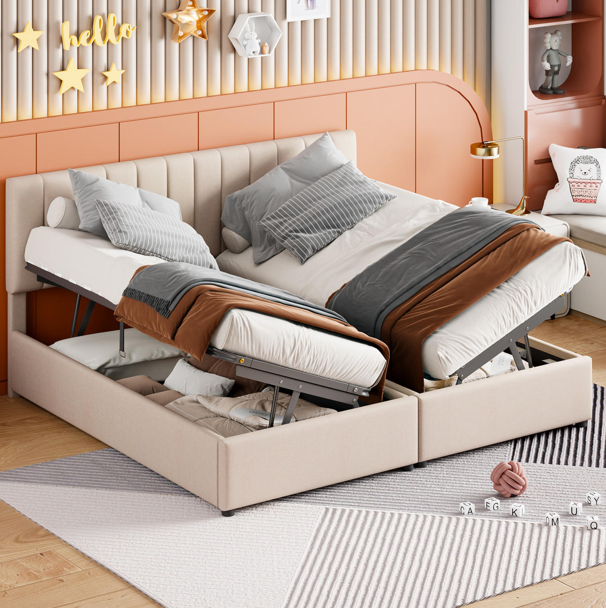 BETT mit hydraulischem Stauraum 180x200 cm Beige umbaubar zu 2x 90 cm - Beige, Metall (180/200cm) - Meubliv