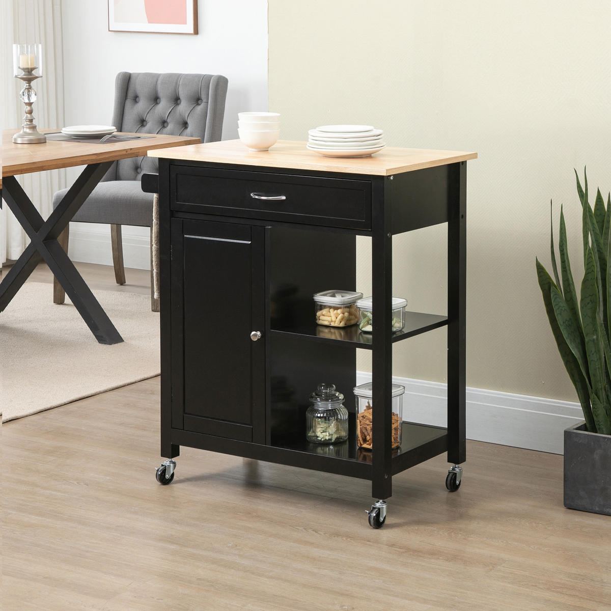KÜCHENWAGEN, Holz-Wagen mit Schublade und Schrank, 83 x 45 x 88 cm, Schwarz - Multicolor, Metall (83/88/45cm) - FORIOUS