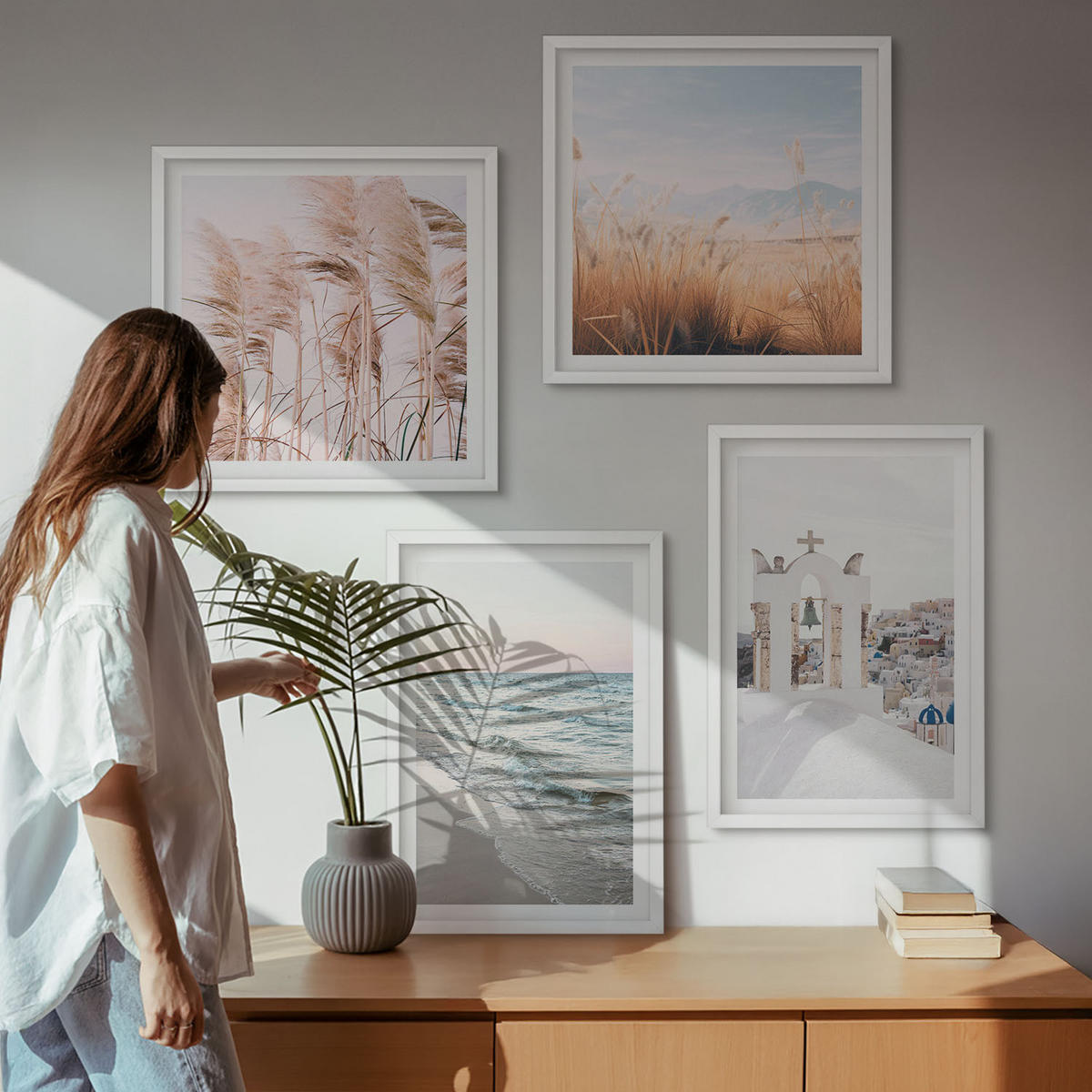 BILDER SET 4er Set - 50x50 cm & 40x60 cm Weißer Rahmen - Pflanzen, Meereswellen, Aussicht, Häuser - Weiß, Kunststoff (50/50cm) - TULUP