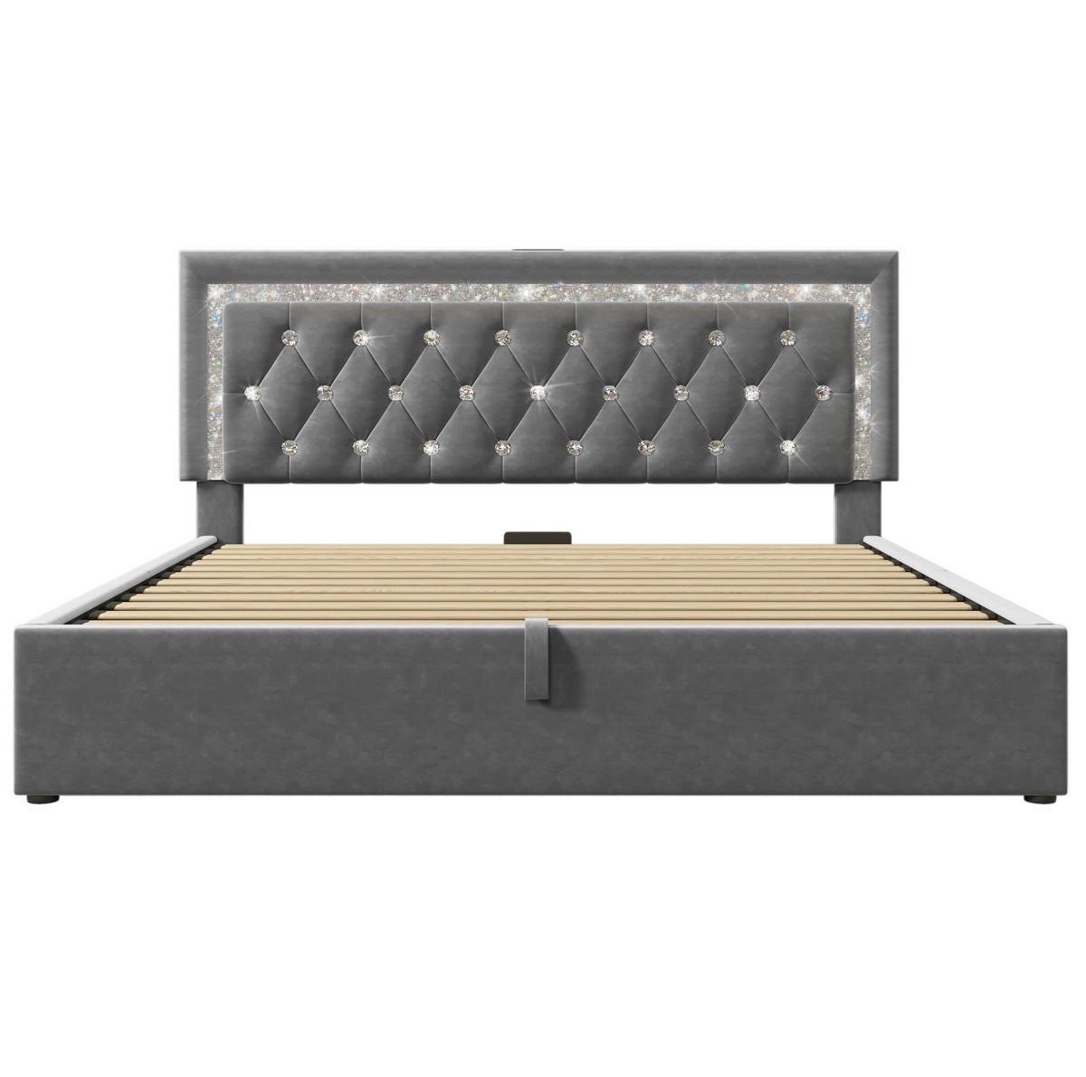 ČALÚNENÁ posteľ 160/200 cm zamat sivá, s LED, úložným priestorom, USB a matracom - sivá, textil (160/200cm) - BEAOK