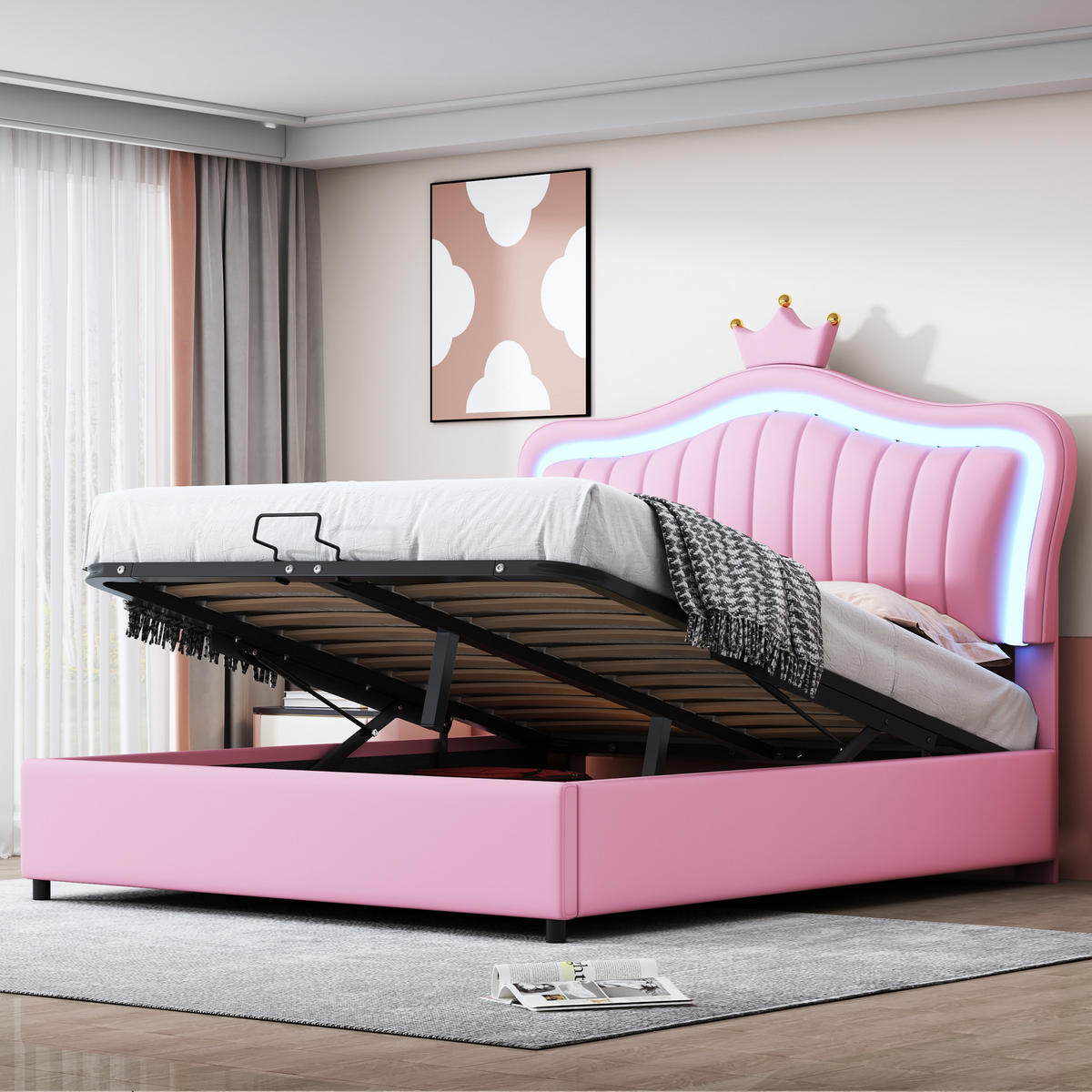 POLSTERBETT 140/200 cm rosa mit hydraulischem Stauraum und LED-Beleuchtung - Pink, Textil (140/200cm) - OKWISH