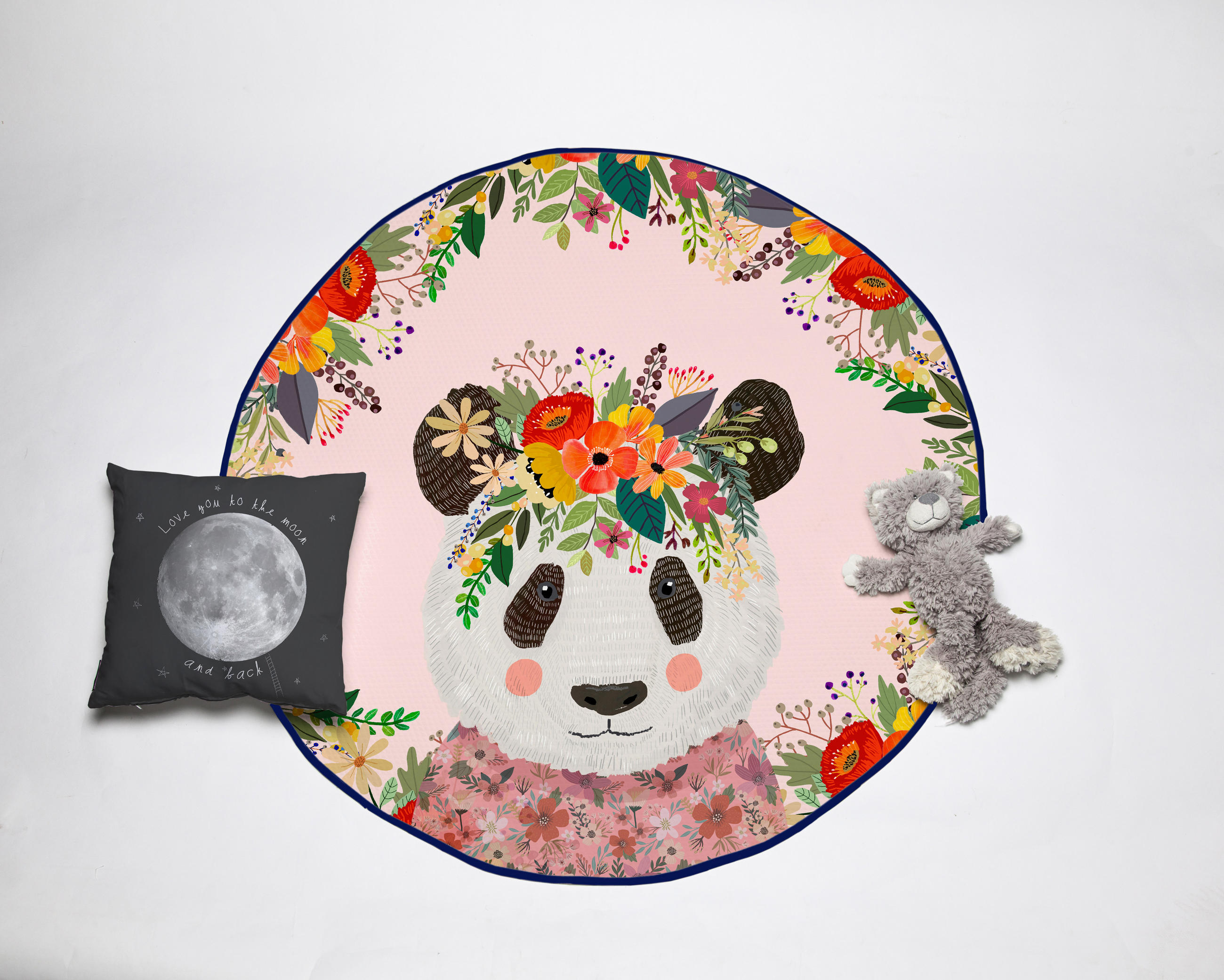 KINDER-TEPPICH Runder mit Piqué-Druck, floralem Pandamotiv PLAY ROUND - Multicolor, Textil (1/120cm) - RNT By Really Nice Things