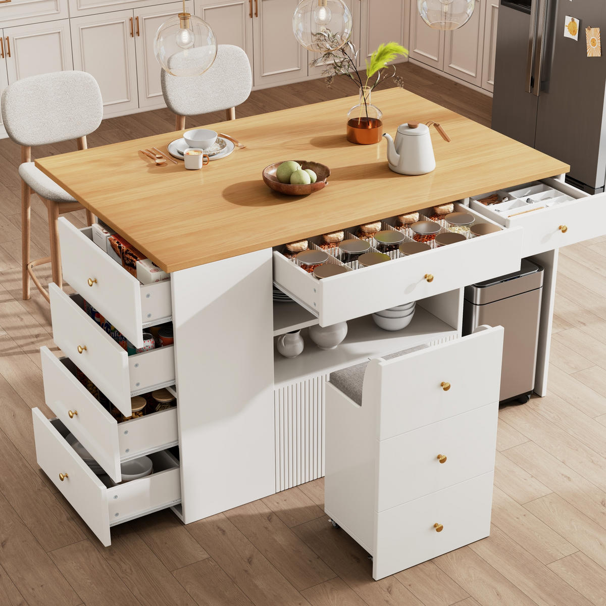 KUCHYNSKÝ ostrovček 140/40(70)/89 cm biely z MDF a kovu so 6 zásuvkami a taburetom - biela, kompozitné drevo (140/89/70cm) - OKWISH