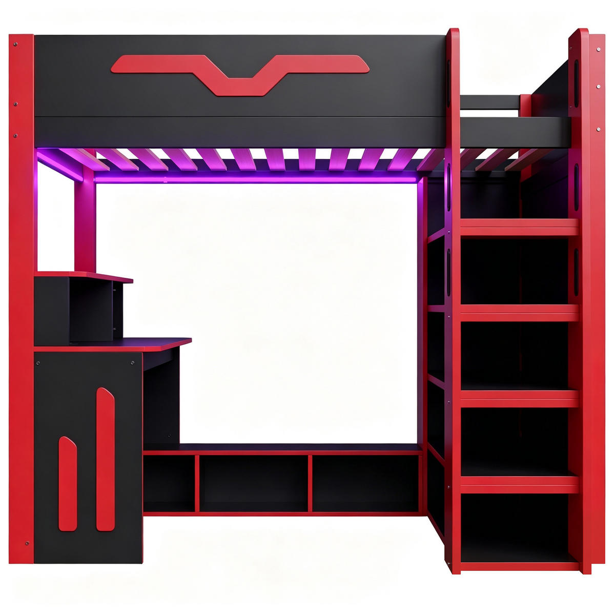 HOCHBETT 90x200 cm mit Schreibtisch, vierstufigem Regal und LED-Beleuchtung, MDF & Sperrholz, schwarz - Schwarz, Holzwerkstoff (90/200cm)