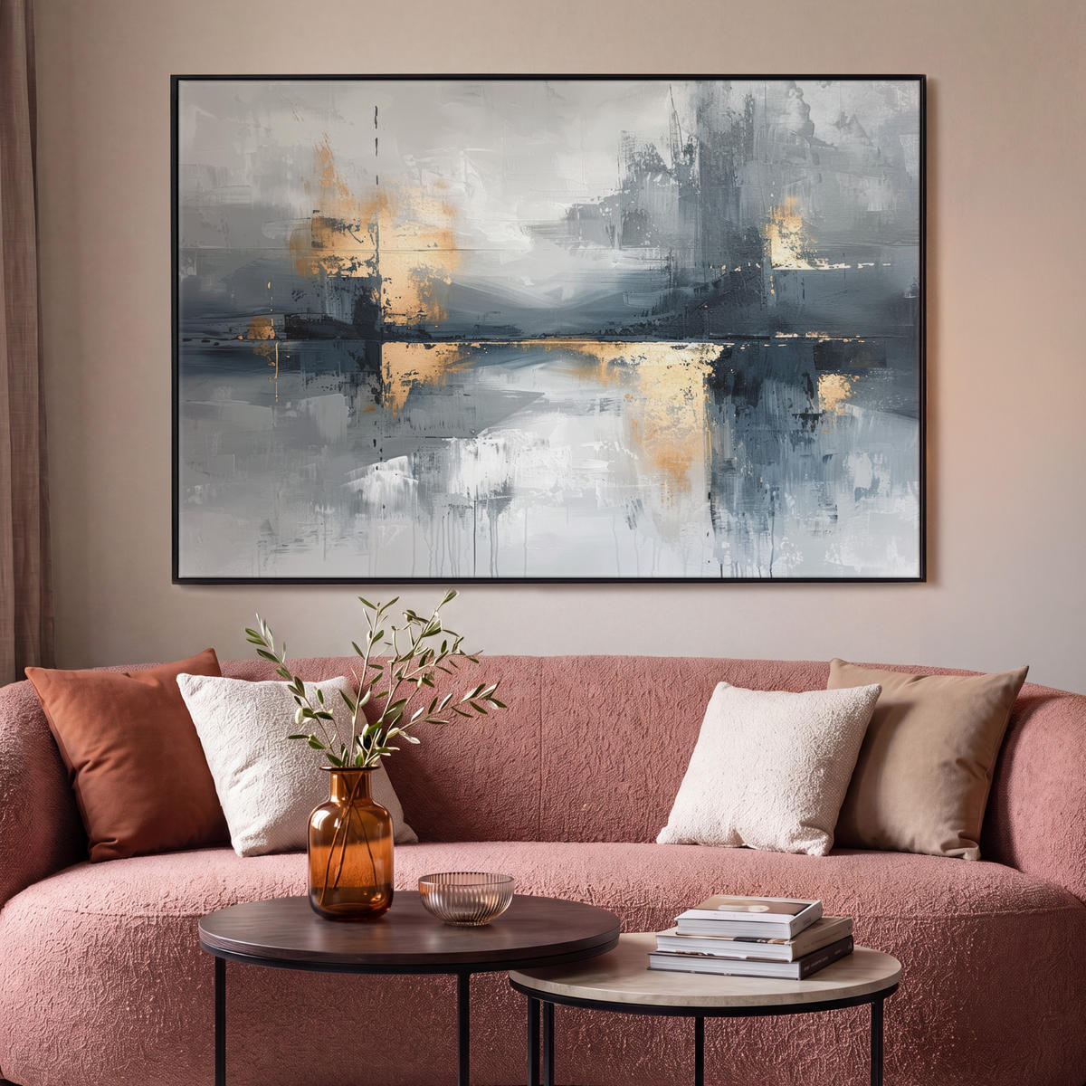 LEINWAND Bilder mit Rahmen - Kunst - Grau - Gold - Abstrakt - 140x90 - Dunkelgrau, Textil (140/90cm) - MuchoWow