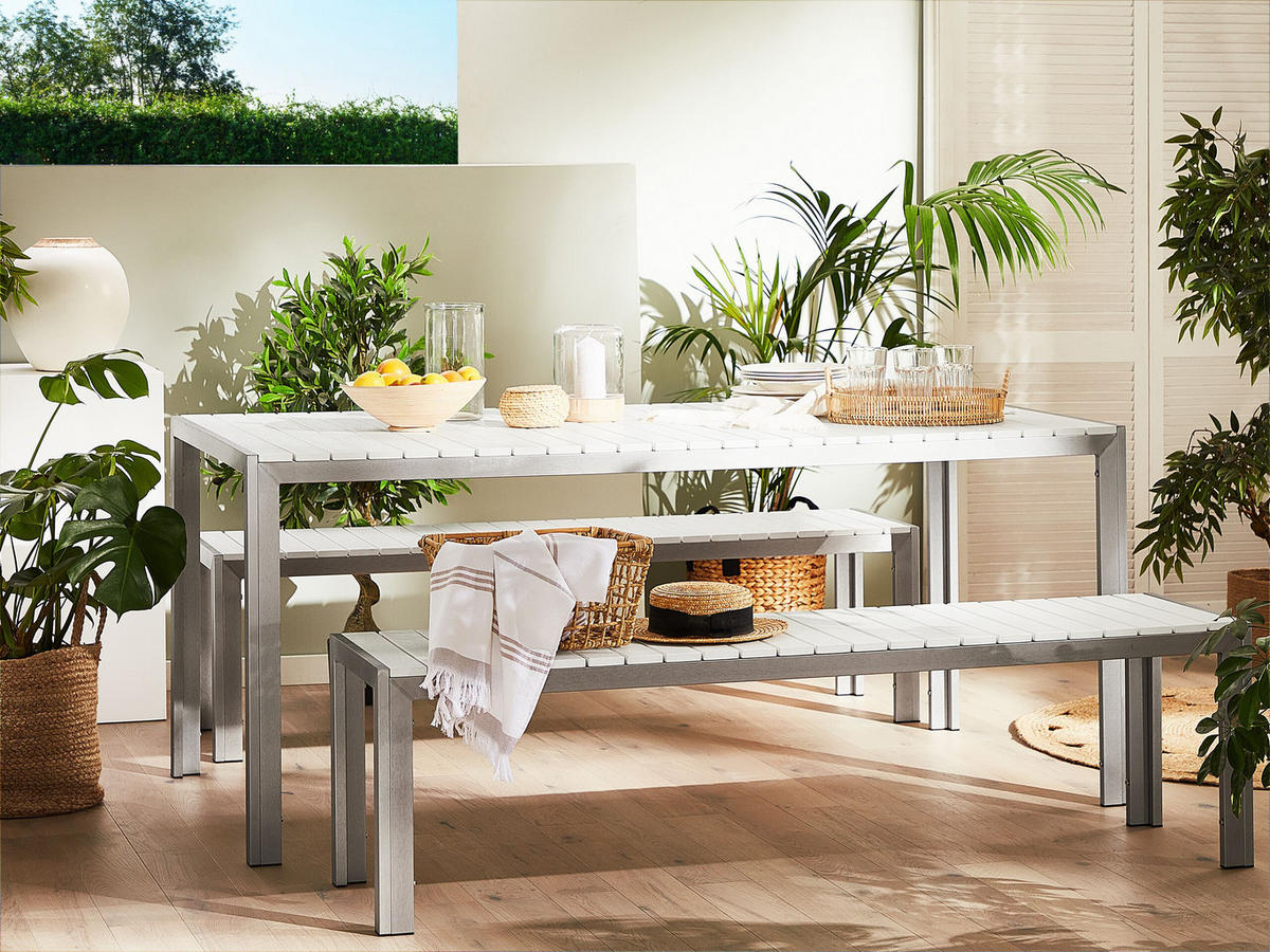 GARTENMÖBEL SET Kunstholz weiß 2 Bänke Nardo - Silberfarben/Weiß, Kunststoff - Beliani