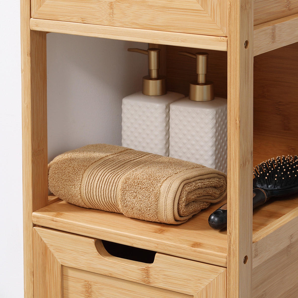 BADEZIMMERSCHRANK 30x30x90 cm Natur aus Bambus mit Kippsicherung & Schubladen - Naturfarben, Naturmaterialen (30/90/30cm) - Modfu