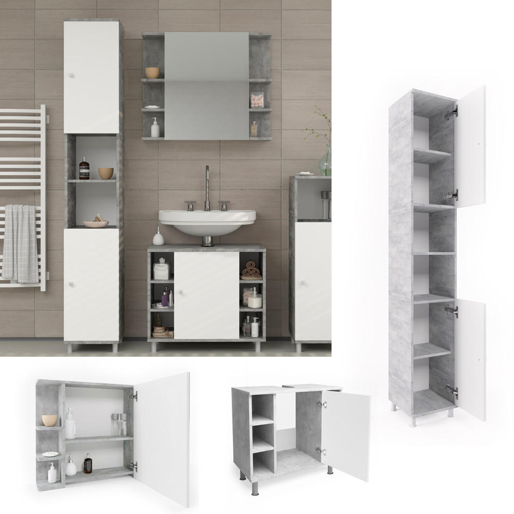BADMÖBEL-SET Fynn Beton 3 Teile, mit Hochschrank - Weiß/Grau, Holzwerkstoff (60/54/32cm) - Vicco