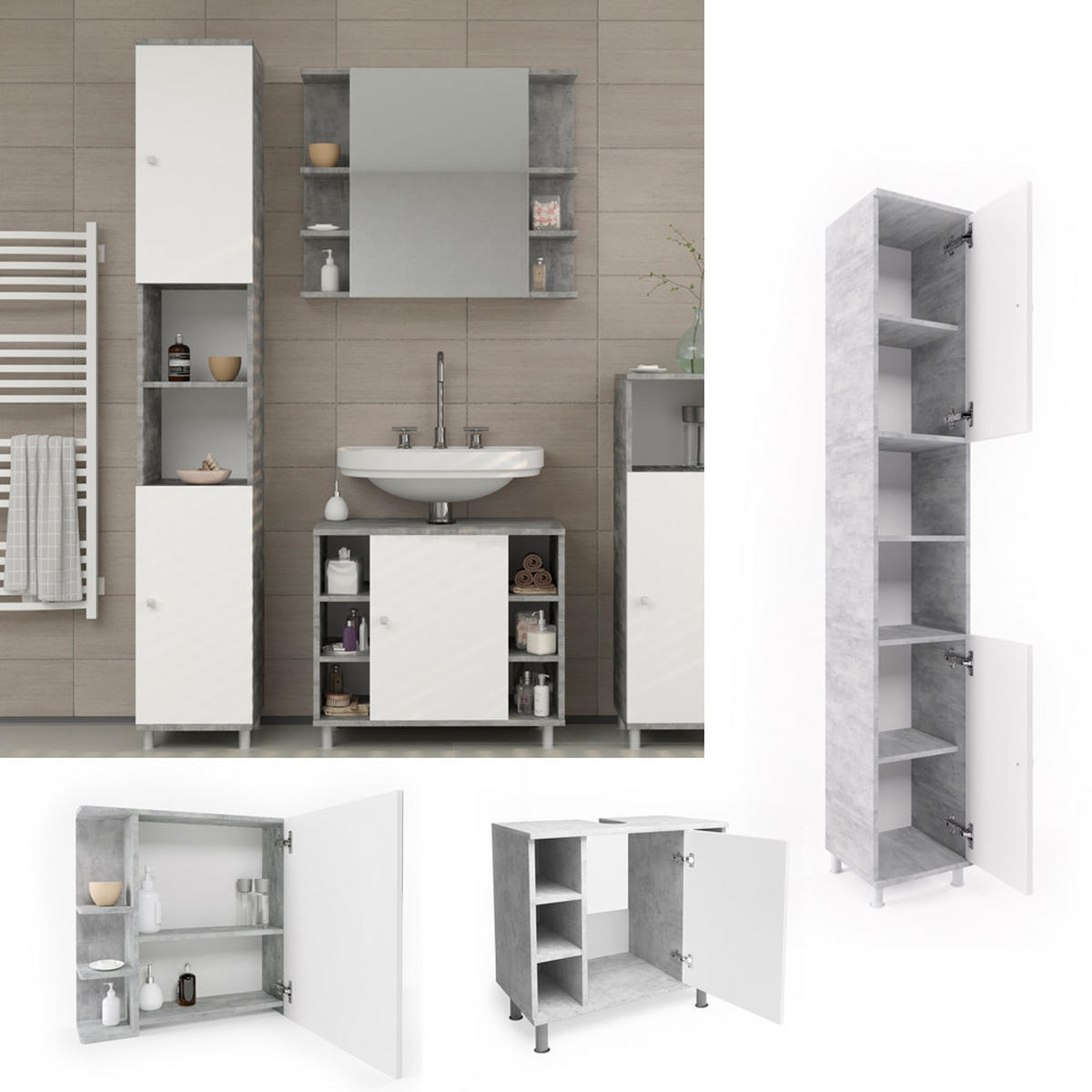 BADMÖBEL-SET Fynn Beton 3 Teile, mit Hochschrank - Weiß/Grau, Holzwerkstoff (60/54/32cm) - Vicco