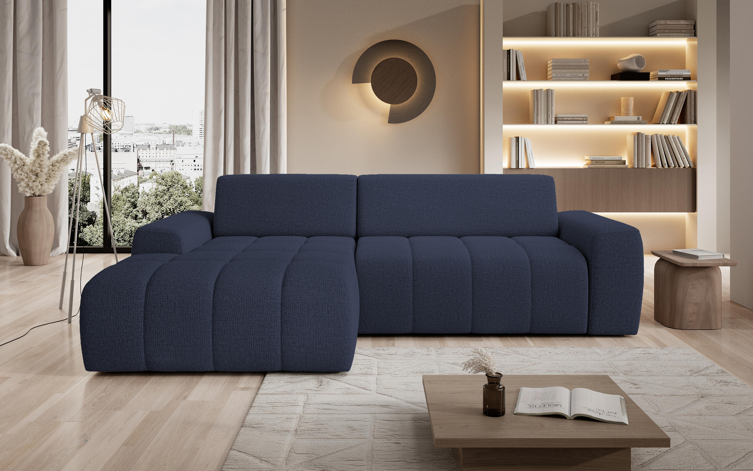 ECKSOFA Savio Freistehend, Mit Abriebfestem Kansas-Stoff, Maße 265x172x81cm, Ausziehbare Sitzfläche 206x92cm, Linke, Blau - Blau, Holz/Textil (172/265cm) - DomoHome