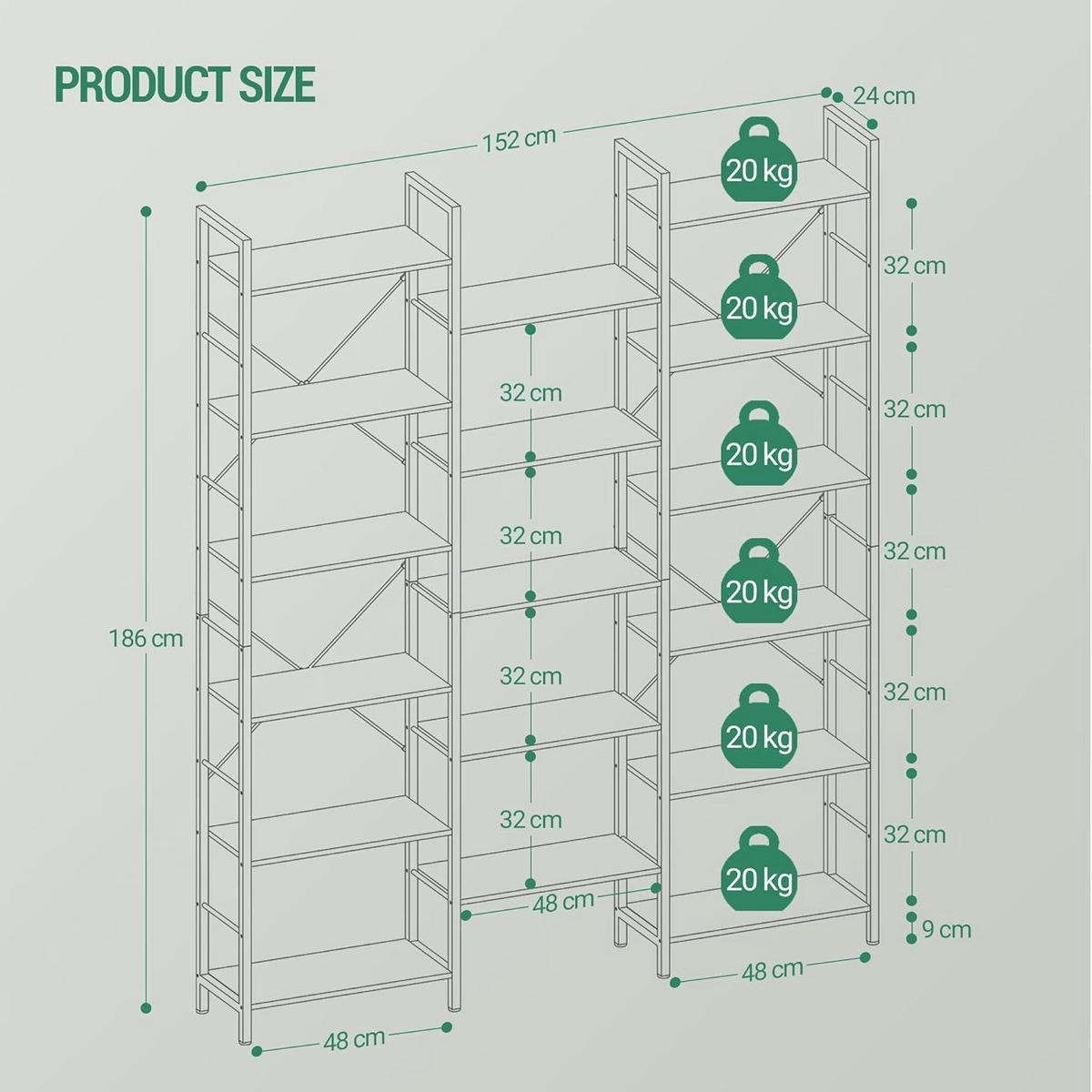 BÜCHERREGAL 6 Etagen Standregal 17 Fächer Weiß 24 x 152 x 186 cm - Weiß, Holzwerkstoff (152/186/24cm)
