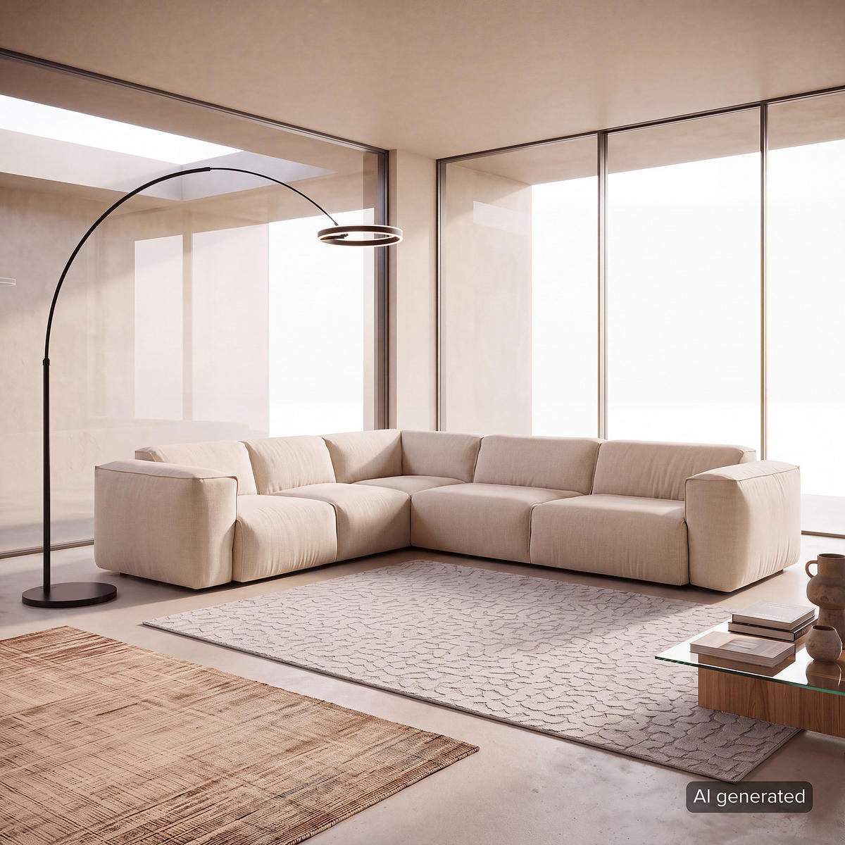ECKSOFA mit Rundecke - Beige/Schwarz, Kunststoff/Textil (325/260cm) - home24