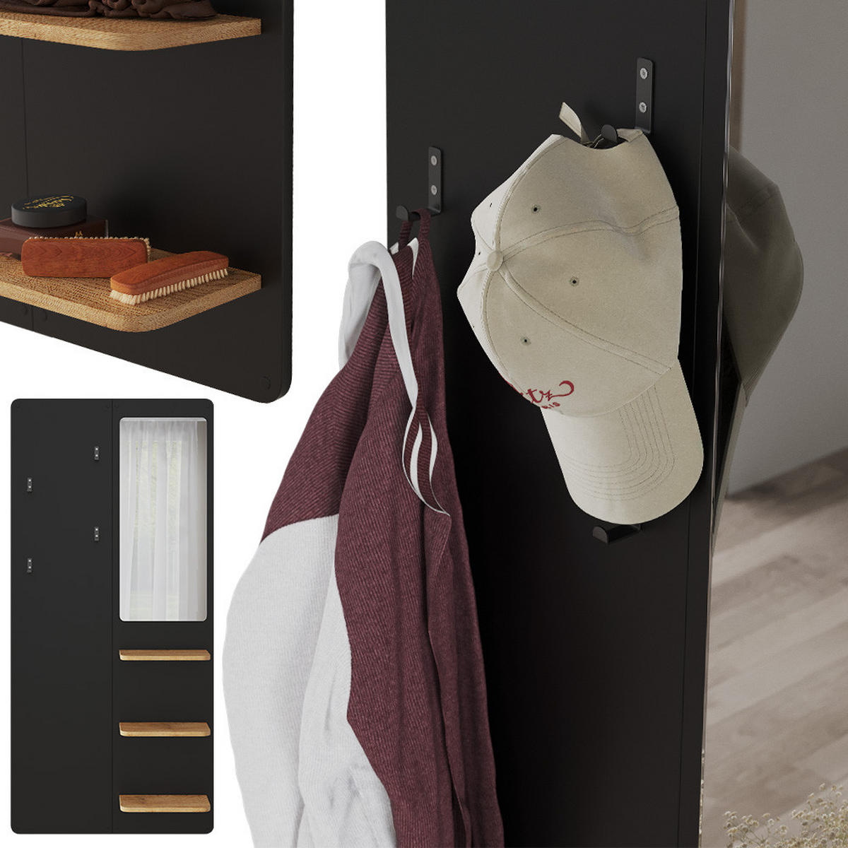 NÁSTĚNNÝ VĚŠÁK Jochen Černá/dubová - černá/barva dubu, kompozitní dřevo (70/150/15cm) - Vicco