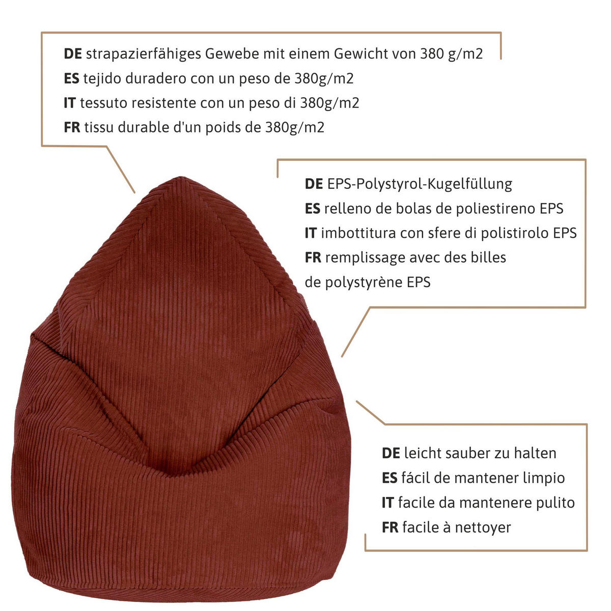 SITZSACK MIT FUßSTÜTZE Kordsamt 2-tlg Fired Brick S - Rotbraun/Rot, Textil (70/105/70cm) - Dreamroots