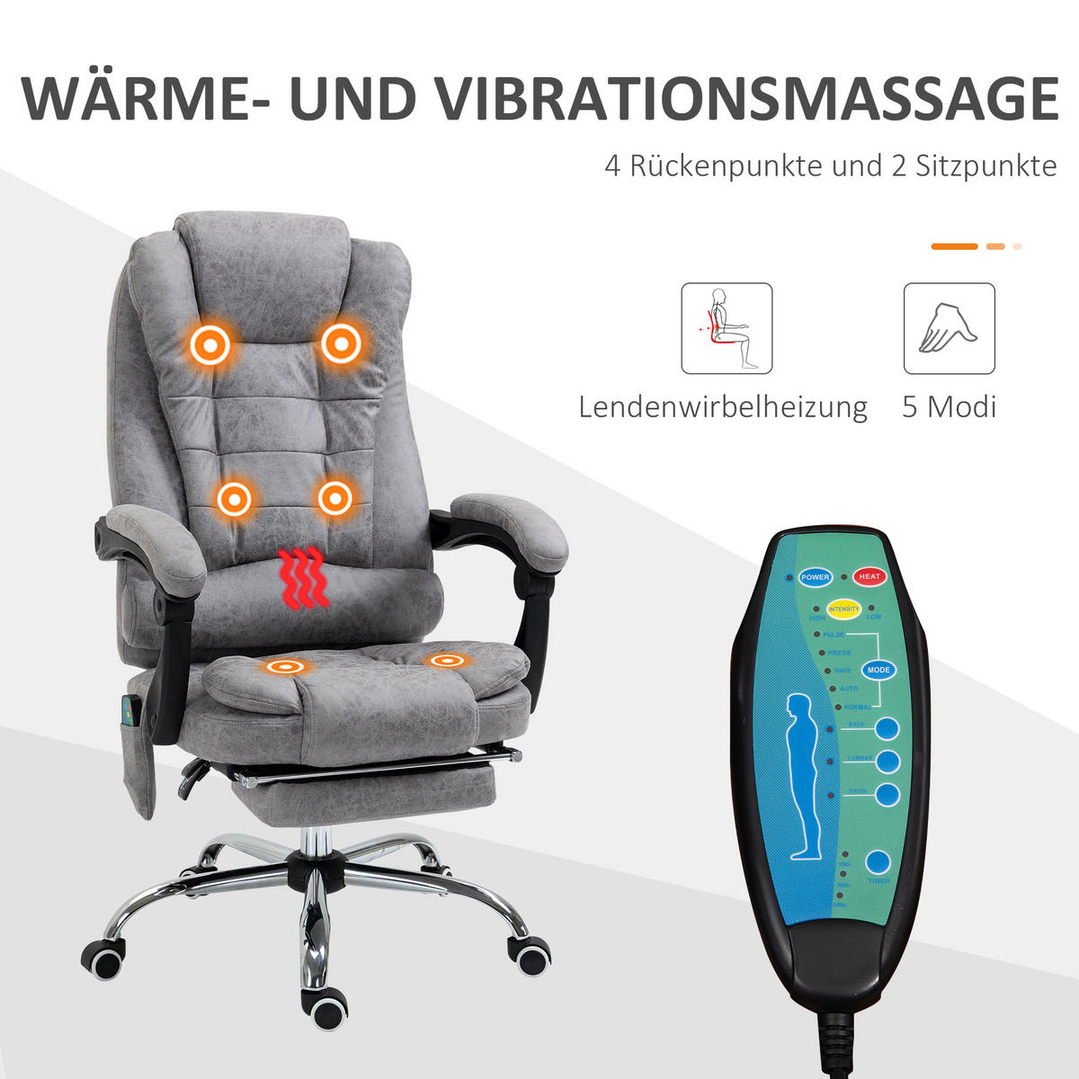 CHEFSESSEL mit Massagefunktion, Schreibtischstuhl mit Liege- & Wärmefunktion Grau - Anthrazit/Silberfarben, Kunststoff/Textil (70/119/65cm) - Vinsetto