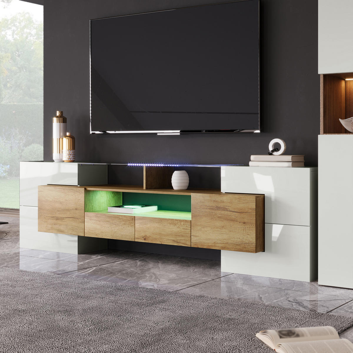 TV-ELEMENT 200 cm Hochglanz Weiß mit LED-Beleuchtung und Stauraum - Weiß, Holzwerkstoff (35/60/200cm) - Korfee