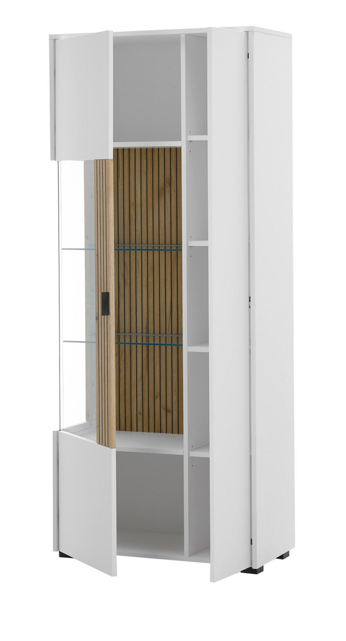 VITRINE weiß matt, Eiche 75 x 180 cm, Vitrinenschrank 10 Fächer und Soft-Close-Funktion - Eichefarben/Schwarz, Glas/Holzwerkstoff (75/180/38cm) - Furn.Design