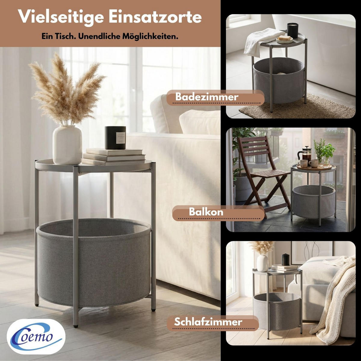 COUCHTISCH NINA Metall mit Aufbewahrungskorb Canvas Grau - Grau, Metall (45/45/48cm) - Coemo