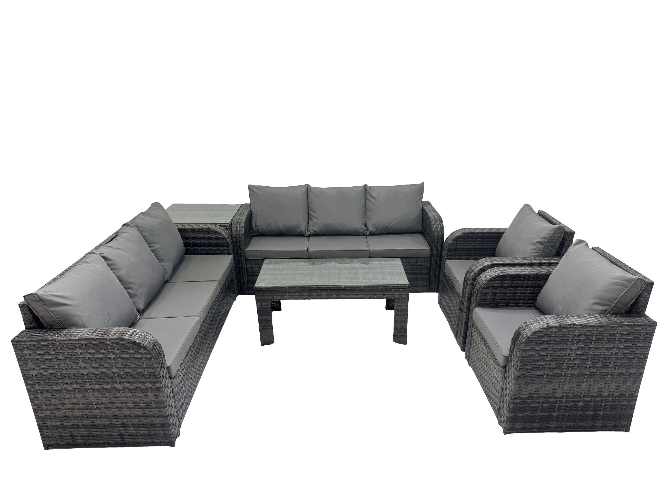 GARTENSOFA SET mit rechteckigem COUCHTISCH Polyrattan 8-Sitzer Dunkelgrau - Dunkelgrau/Grau, Glas/Kunststoff - Fimous