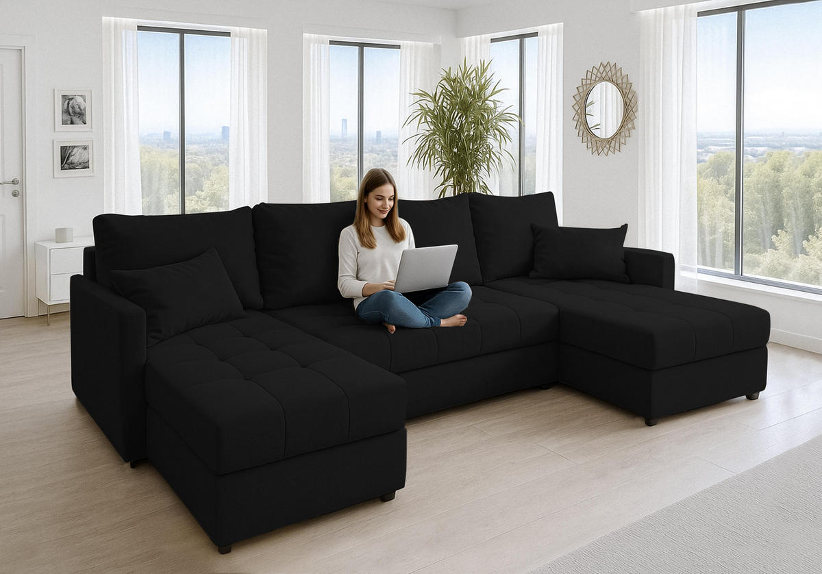 WOHNLANDSCHAFT Dolceo Schwarz 287/140/73 cm mit Bettkasten Schlaffunktion Relaxfunktion - Schwarz, Kunststoff/Textil (287/73/140cm) - AX Living