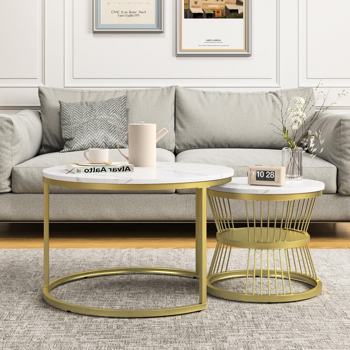 COUCHTISCH rund 2er Set Gold mit Marmoroptik, für Wohnzimmer und Schlafzimmer - Goldfarben, Metall (70/70/45cm) - PARAFTA HOME