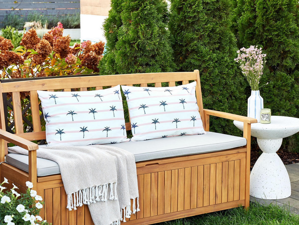 GARTENKISSEN 2er-Set Palmenmuster weiß 40/60 cm Moltedo - Weiß, Textil (40/60cm) - Beliani