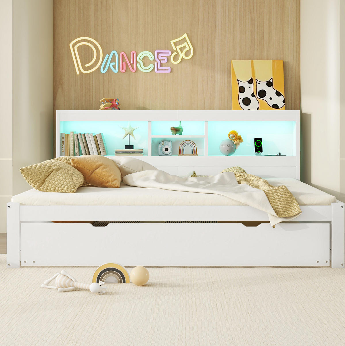 MULTIFUNKTIONSBETT 140/200 cm Weiß mit Ambiente-Beleuchtung und Stauraum - Weiß, Holzwerkstoff (140/200cm) - OKWISH