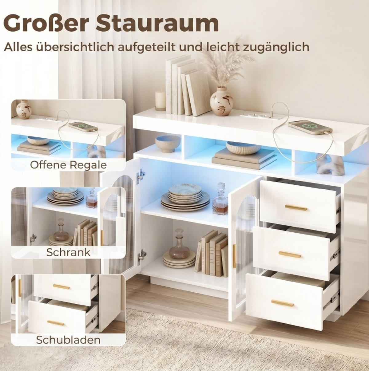 SIDEBOARD aus Holz 100x35x80 cm Weiß mit RGB-LED, 3 Schubladen, Steckdosen und USB-Anschlüssen - Weiß, Holz (100/80/35cm) - IVMEU