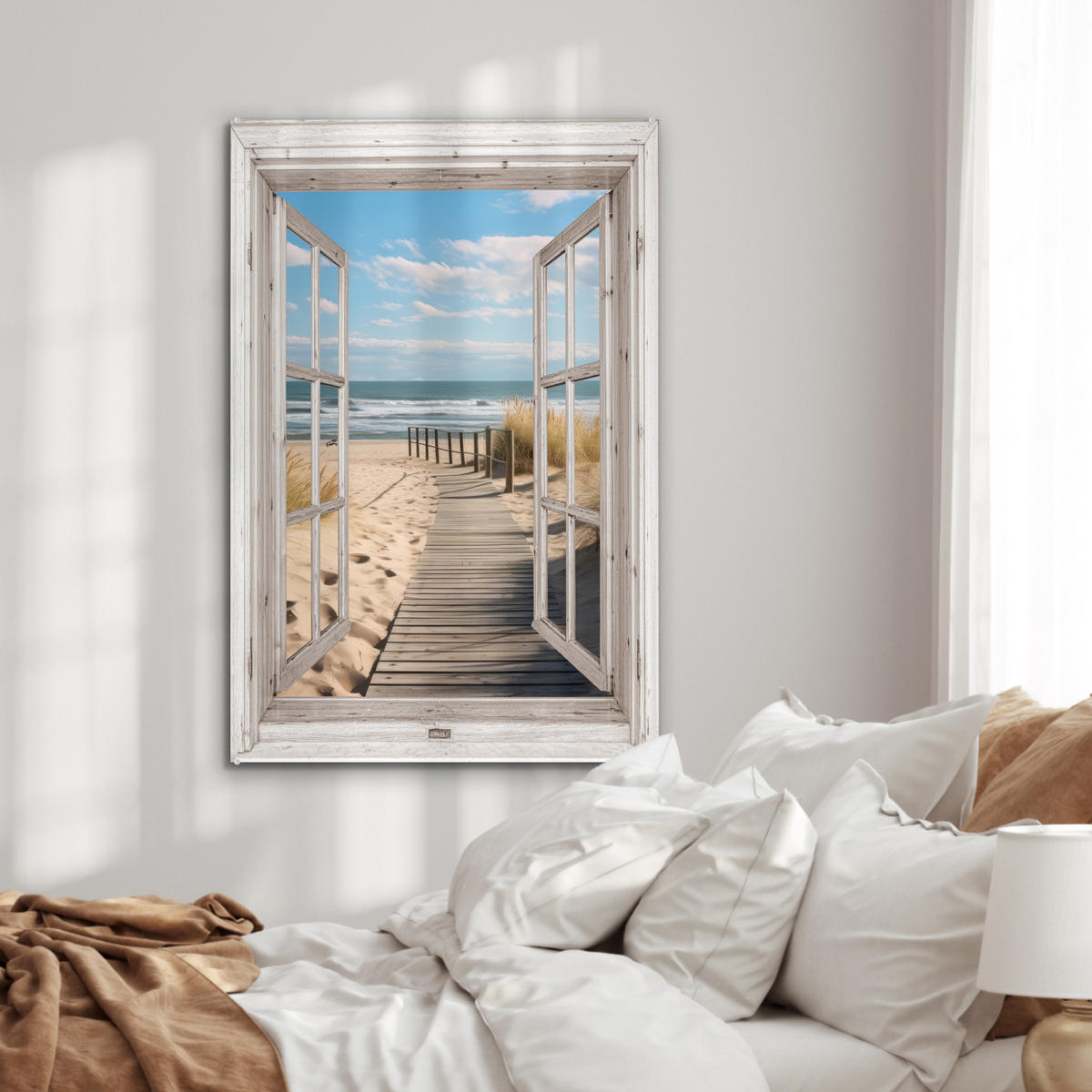 ACRYLGLASBILD Fenster - Meer - Küste - Natur - Ausblick - Strand - Wattenmeer 60x90 cm - Beige, Glas (60/90cm) - MuchoWow