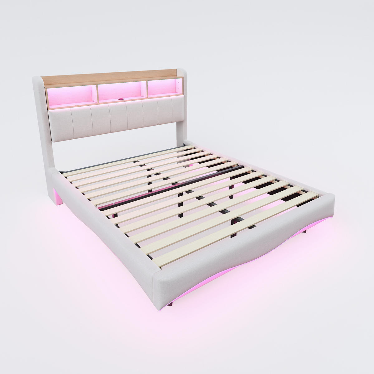 POLSTERBETT 160/200 cm mit LED-Beleuchtung, USB-C und gepolstertem Kopfteil - Beige, Textil (160/200cm) - BEAOK