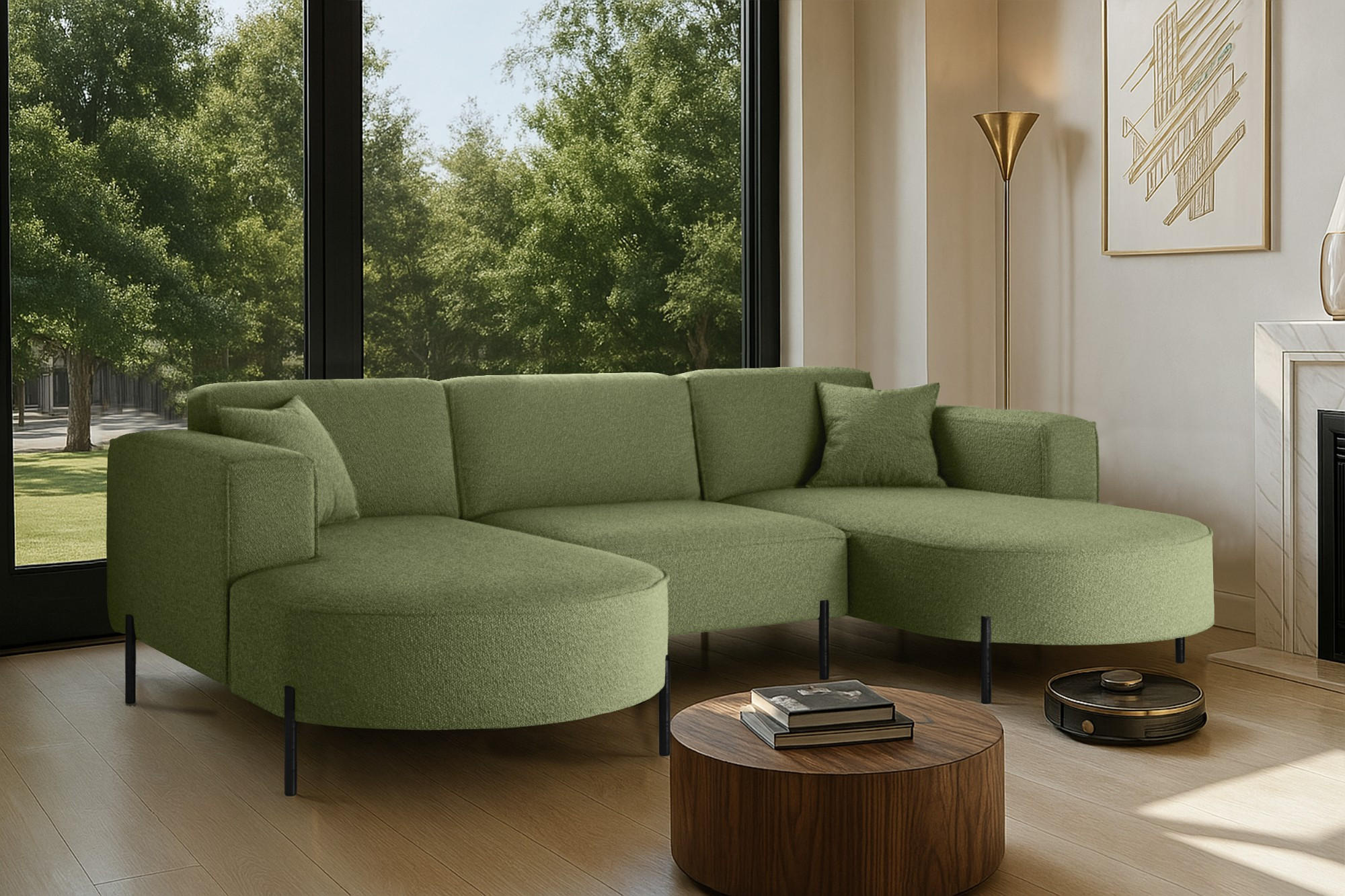 ECKSOFA Designer Modena U Rein stoff Quelle Olive - Olivgrün, Holz (165/299cm) - Kaiser Möbel
