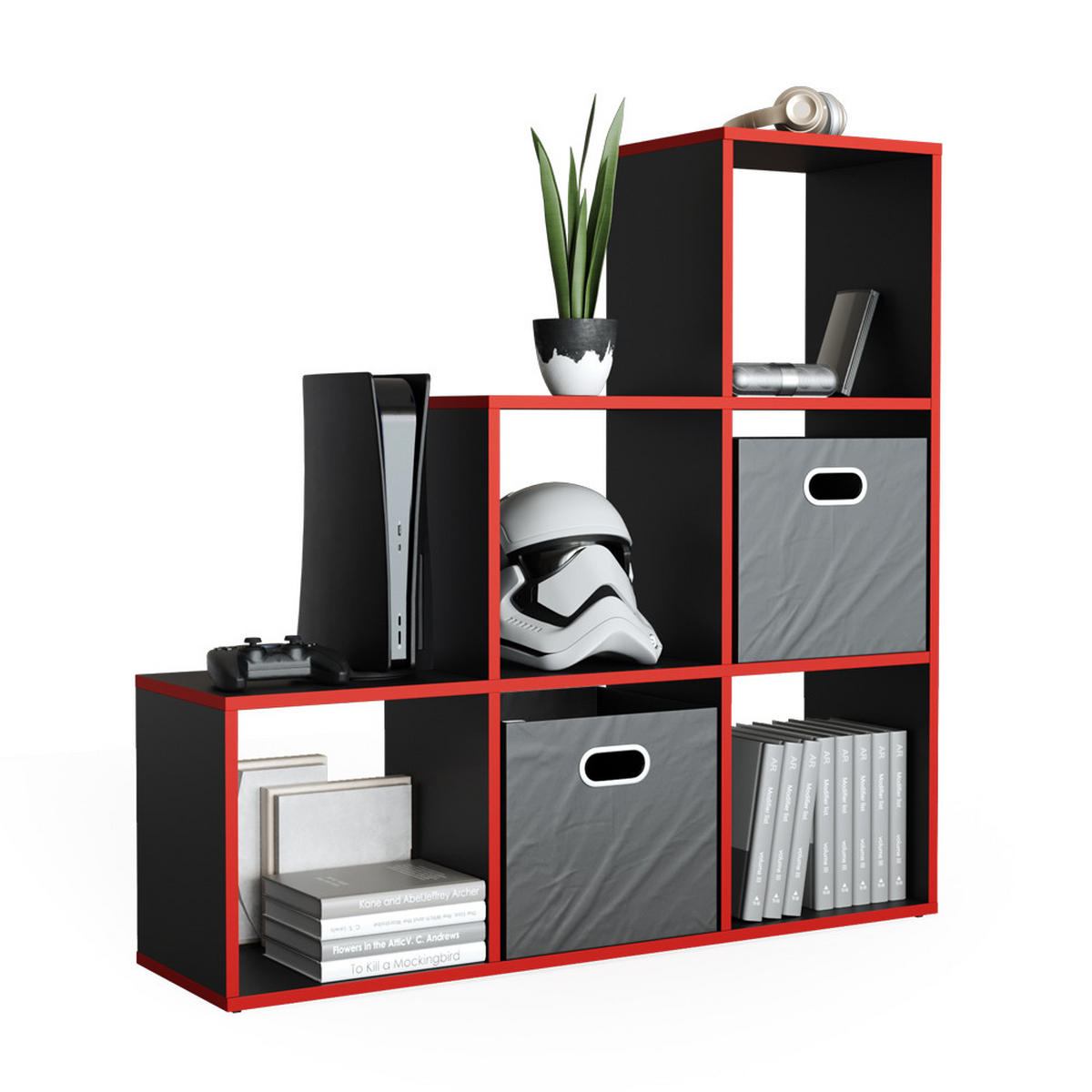 TREPPENREGAL Schwarz/Rot 107.2 x 107.8 cm - Rot/Schwarz, Holzwerkstoff (107.2/107.8/29cm) - Vicco