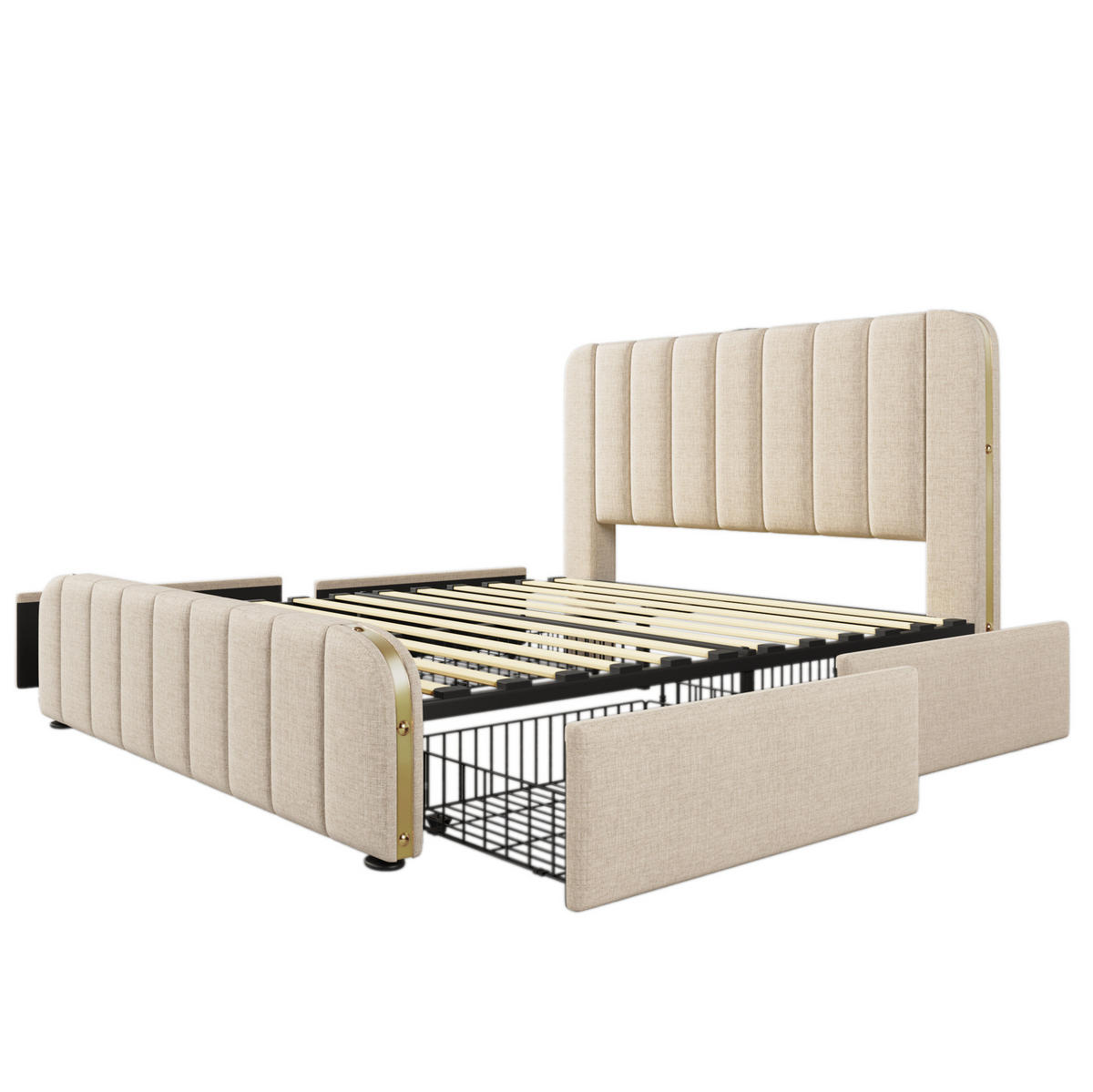 POLSTERBETT mit USB und 4 Schubladen 160x200 cm Leinen Beige - Beige, Metall (160/200cm) - Meubliv