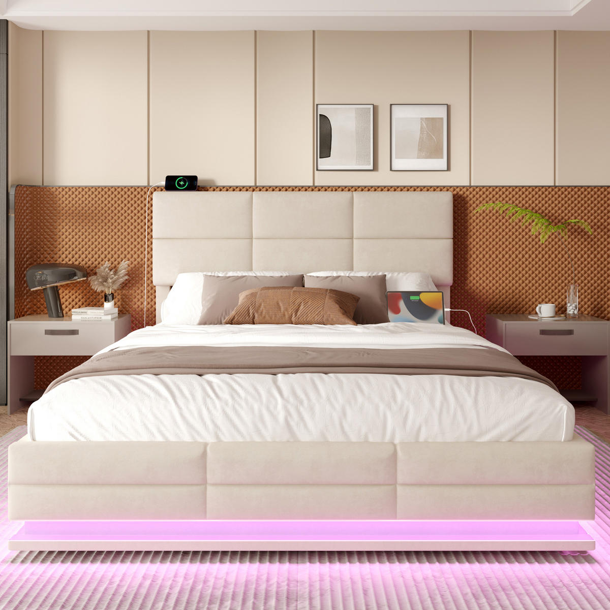 BETT mit Stauraum 140x200 cm Samt Beige - Beige, Metall (140/200cm) - Meubliv