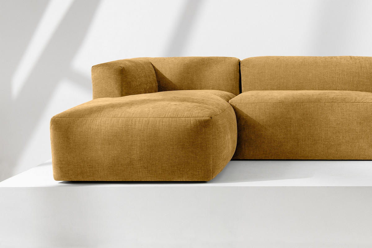 ECKMODULSOFA-LINKS BUFFO 3/4 Sitzer mit extrem weicher Sitzfläche, Gewebestoff, Honig - Gelb, Textil (237/180cm) - KONSIMO®