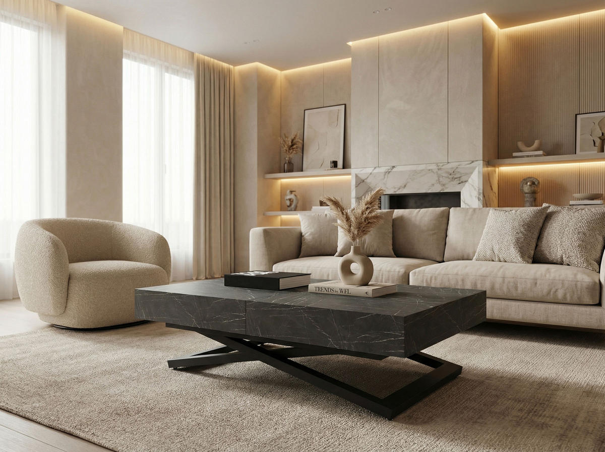 COUCHTISCH Cavetta U höhenverstellbar ausziehbar, Marmor Schwarz 120-200/80/27-76 cm - Anthrazit/Schwarz, Holzwerkstoff/Metall (80/120/76cm) - WFL GROUP