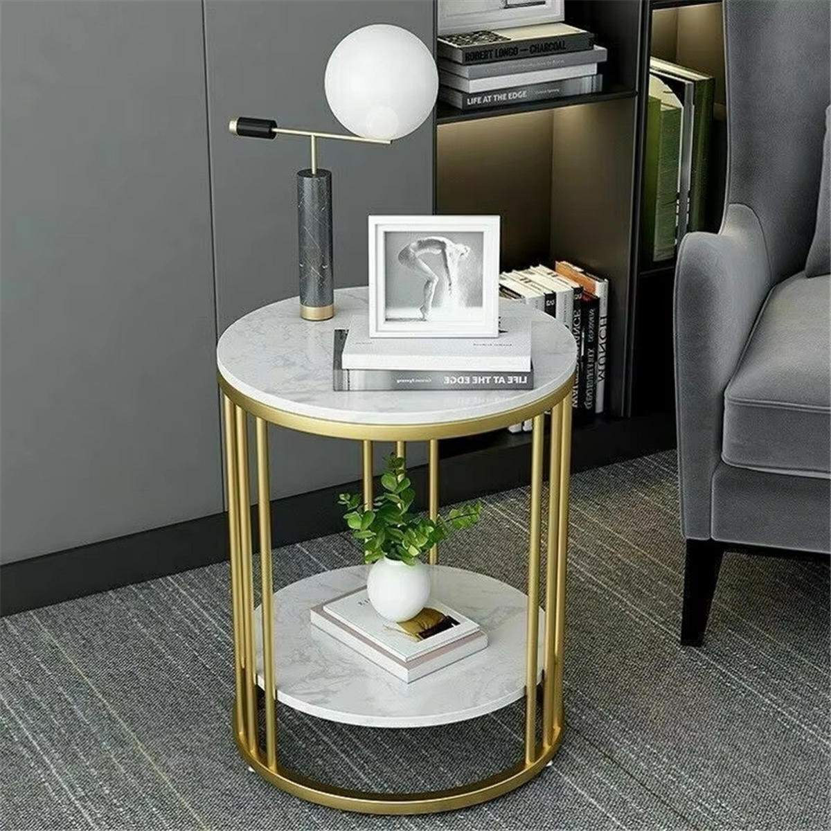 BEISTELLTISCH rund Weiß Marmoroptik 2 Ebenen Stauraum modern - Weiß, Metall (40/40/54cm) - Kaket