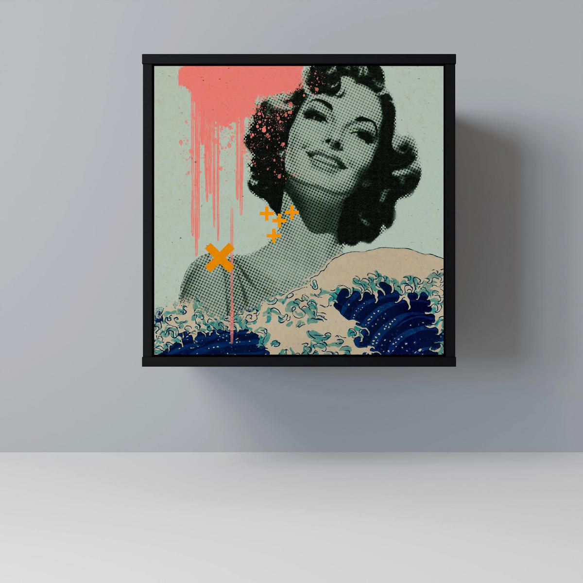 SIDEBOARD KANAGAWA BEAUTY, Schwarz, 57,5x42x72,5 cm, Schwarze Metallfüße - Multicolor/Schwarz, Holzwerkstoff/Metall (57.5/72.5/42cm) - SpaceRebels